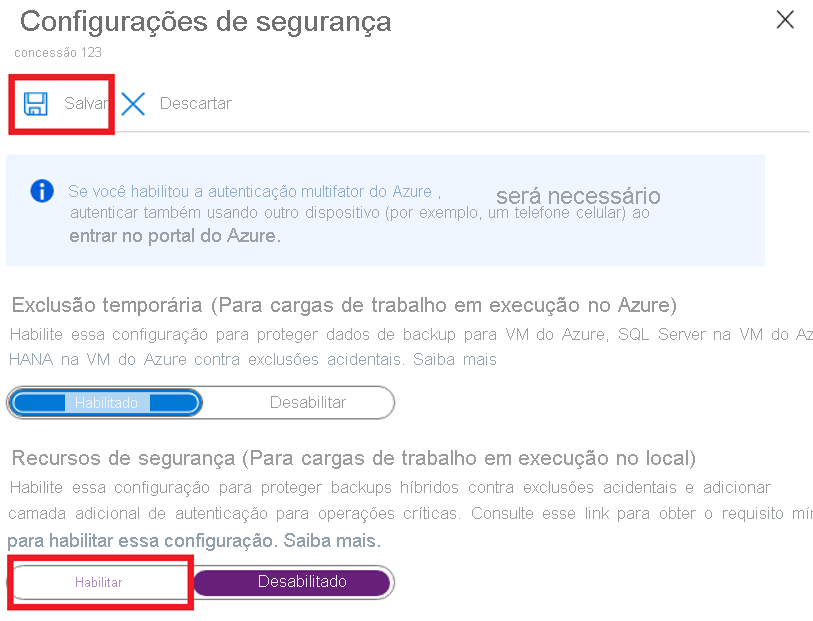 Captura de ecrã das definições de segurança