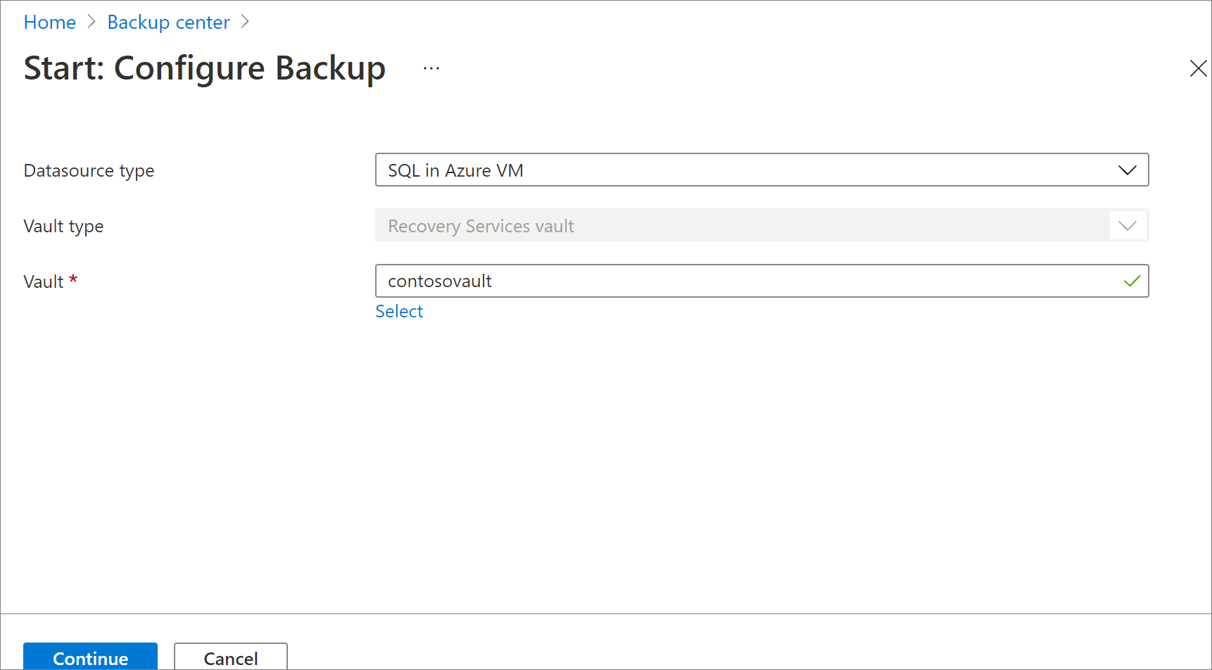Captura de ecrã que mostra a seleção de uma base de dados SQL Server como fonte de dados para backup