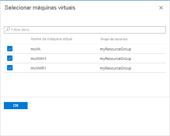 Captura de tela que mostra a seleção de VMs criptografadas.