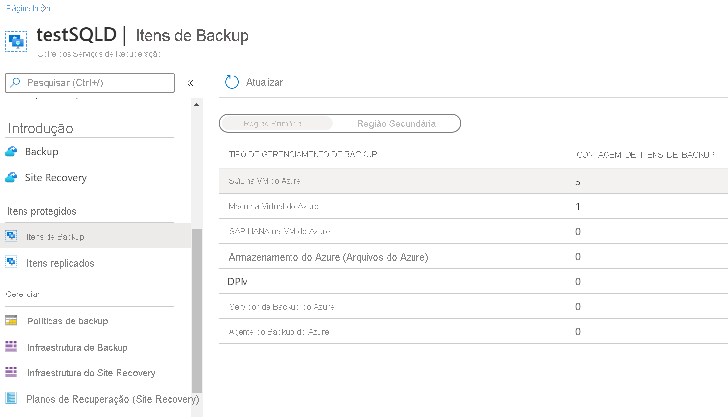 A captura de tela mostra como exibir bancos de dados de backup em Itens de Backup.