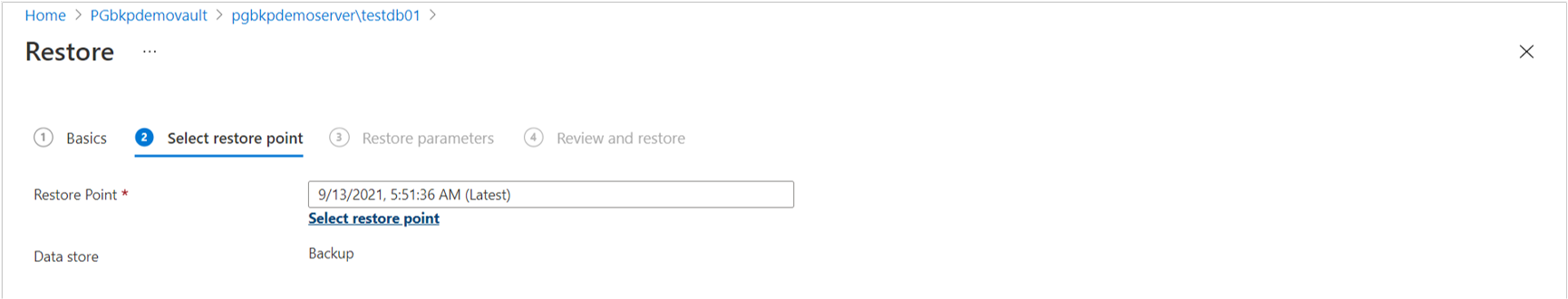 Captura de ecrã que mostra o separador para selecionar um ponto de recuperação.