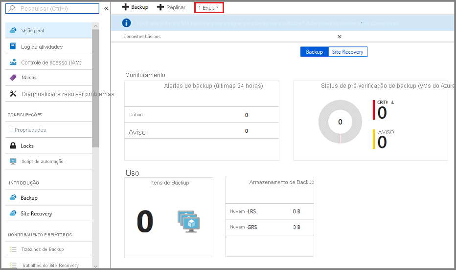 Captura de ecrã que mostra o botão Apagar num cofre vazio.