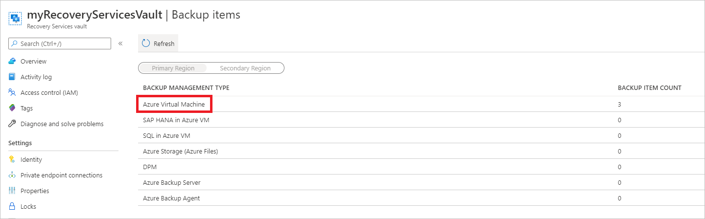 Captura de ecrã que mostra uma lista de tipos de gestão de backup.