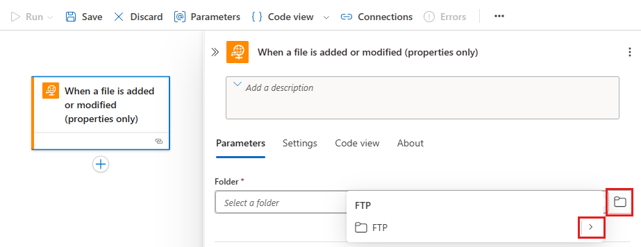 A captura de tela mostra o designer de fluxo de trabalho com o gatilho do conector gerenciado por FTP com a opção de selecionar uma pasta.