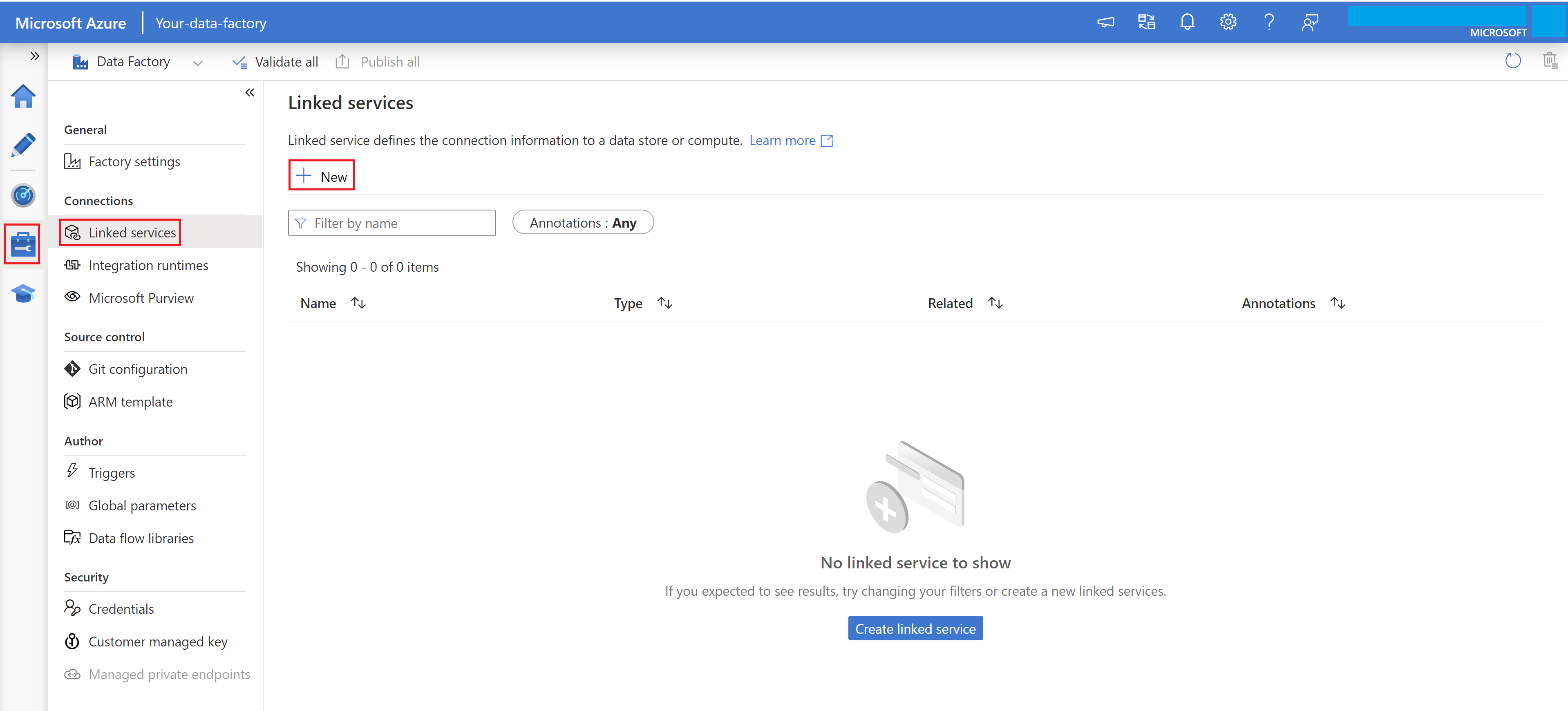 Captura de ecrã da criação de um novo serviço ligado com Azure Data Factory UI.