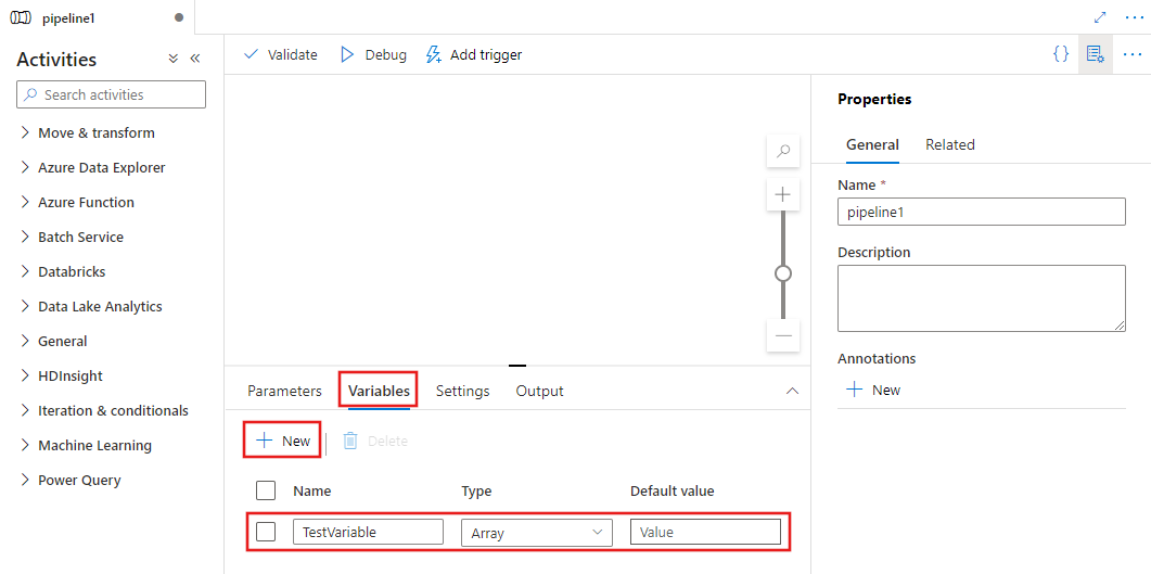Captura de ecrã de um canvas de pipeline vazio com o separador Variáveis selecionado, contendo uma variável do tipo array chamada TestVariable.