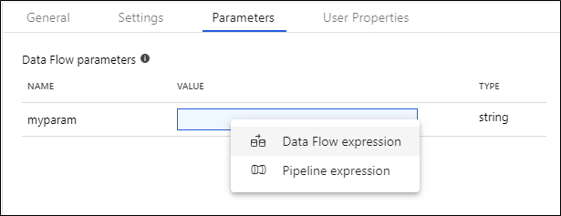 Screenshot mostra o separador Parameters com Fluxo de Dados expressão selecionada para o valor de myparam.
