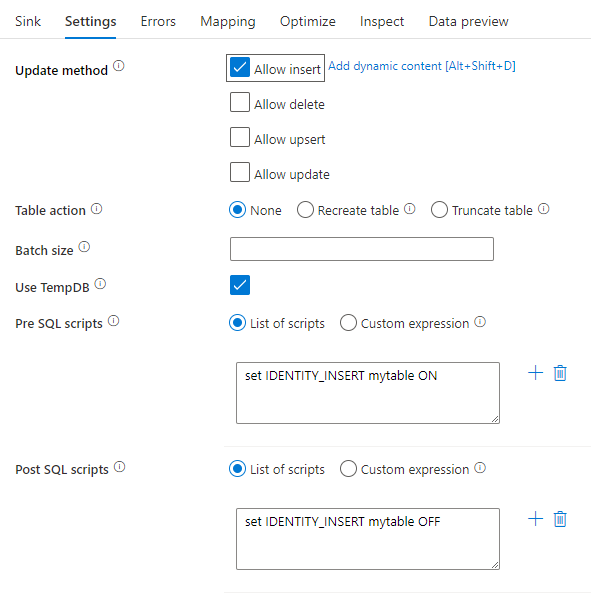Captura de ecrã mostrando as configurações do sink com scripts de processamento pré e pós-SQL.