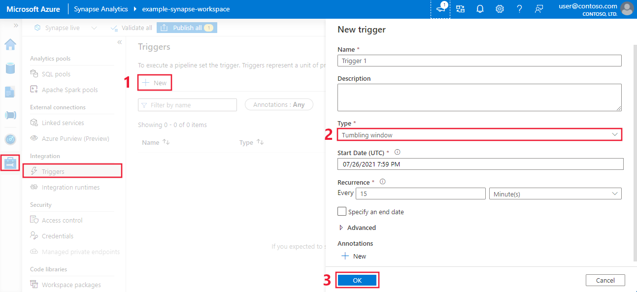 Captura de ecrã que mostra a criação de um gatilho de janela deslizante no portal do Azure no Azure Synapse.