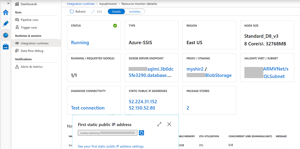 Monitorizar o seu Azure-SSIS IR - STATIC tile