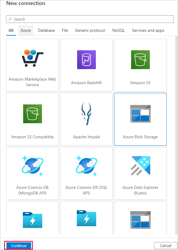 Captura de ecrã que mostra a galeria de tipos de serviço na caixa de diálogo para uma nova ligação, com o Armazenamento de Blobs do Azure selecionado.