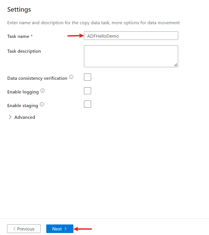 Captura de ecrã que mostra a página Definições da ferramenta Copiar Dados.