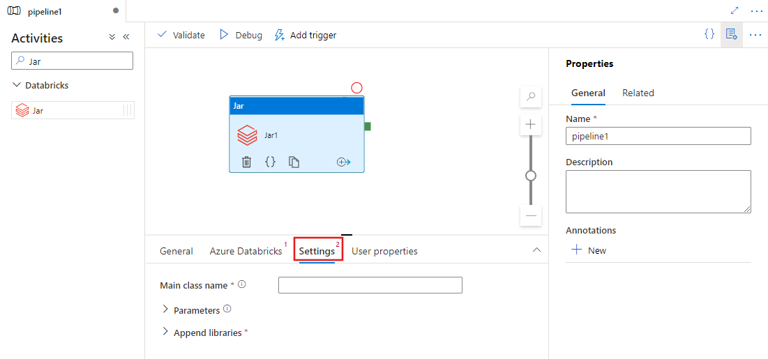 Mostra a interface do separador de Configurações para uma atividade Jar.
