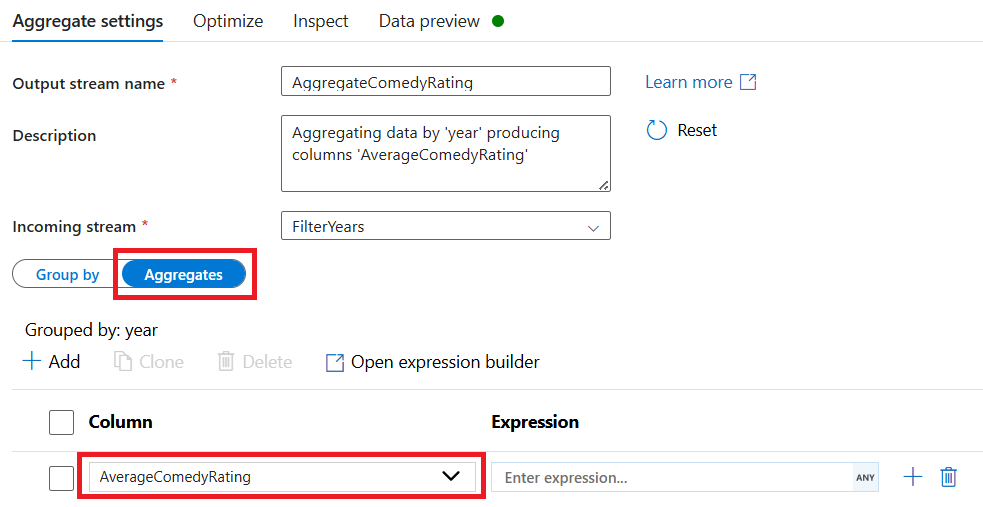 Captura de ecrã que mostra a opção de ano no separador Agregações em Definições de Agregação.