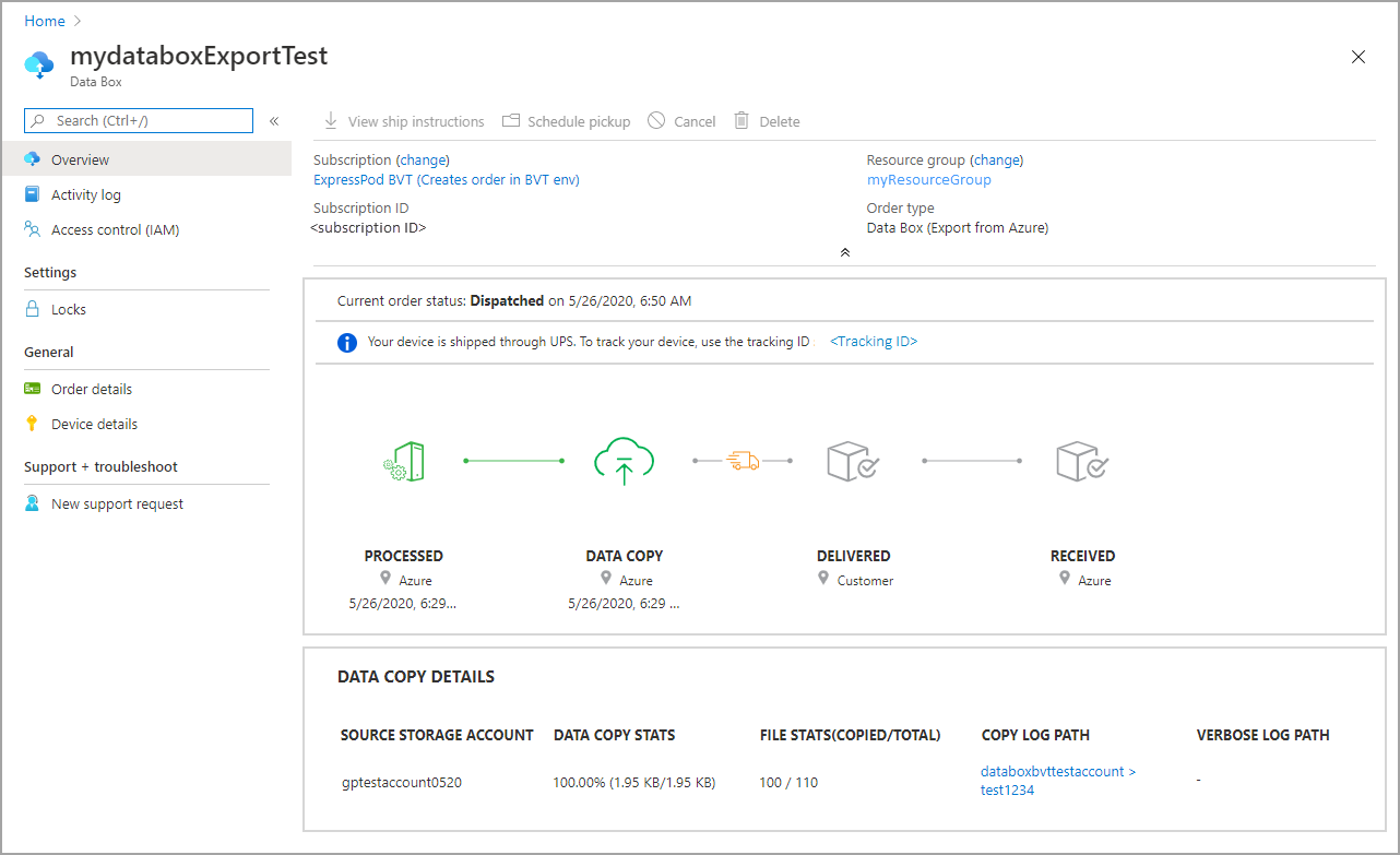 Captura de tela de uma ordem de exportação do Data Box com um status Despachado.