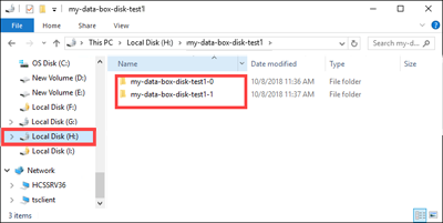 Captura de ecrã mostrando duas subpastas criadas que correspondem aos dados nos formatos blob de bloco e blob de página.
