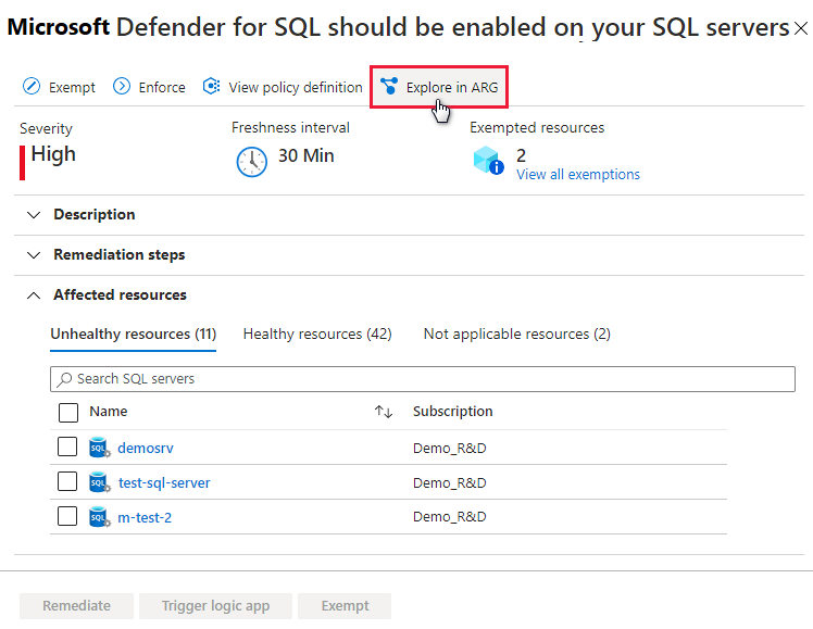 Explore dados de recomendação em Azure Resource Graph.