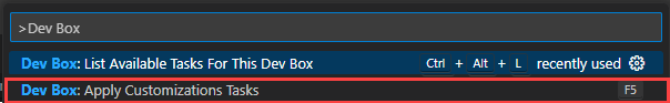 Captura de ecrã da paleta de comandos do Visual Studio Code com a opção Dev Box: Aplicar personalizações de tarefas selecionada.
