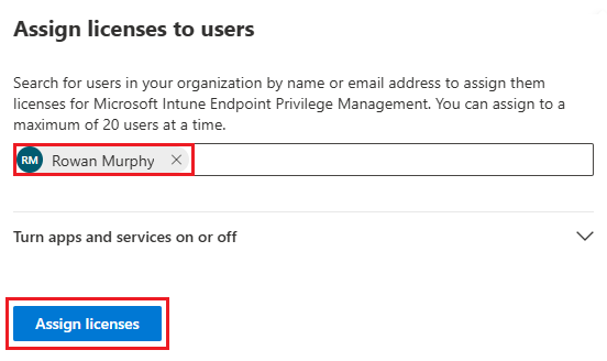 Captura de ecrã que mostra a atribuição de uma licença de Gestão de Privilégios de Endpoint Microsoft Intune.