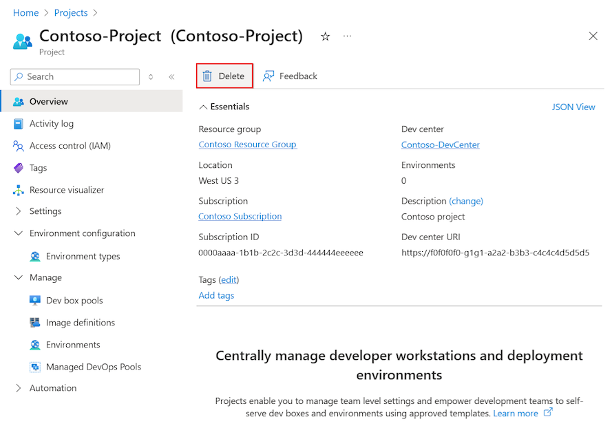 Captura de ecrã da página de visão geral de um projeto de dev box com a opção Excluir realçada.