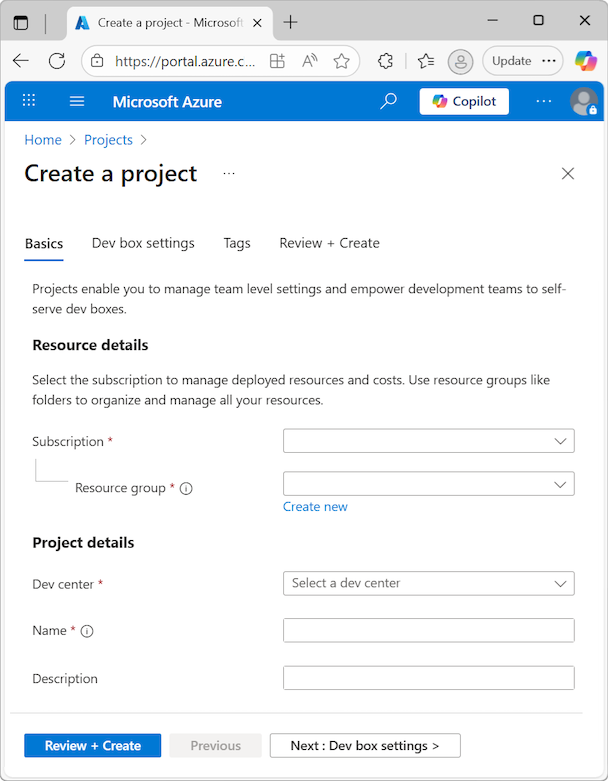 Captura de ecrã do painel Criar um projeto com o separador Noções básicas aberto.