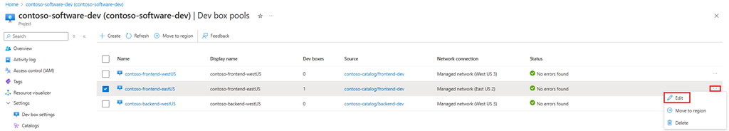 Captura de ecrã do painel Editar da caixa de desenvolvimento do portal do Azure com o menu de operações e o comando Editar visíveis.