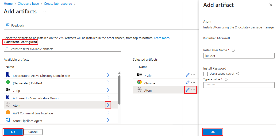 Captura de ecrã que mostra a adição de artefatos.