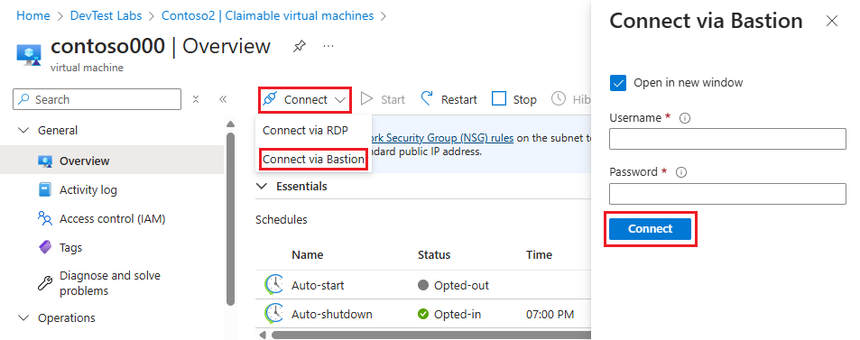 Captura de ecrã do ecrã de Visão Geral da VM com o botão Bastion Connect destacado.