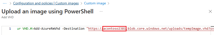 Captura de ecrã que mostra um exemplo de um nome de conta de armazenamento na caixa Adicionar VHD.