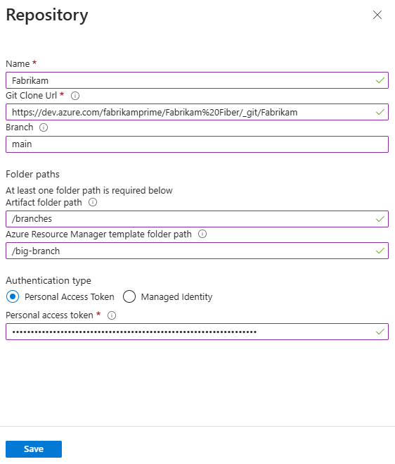 Captura de tela que mostra as configurações do Azure Repos para adicionar um novo repositório de modelos a um laboratório.