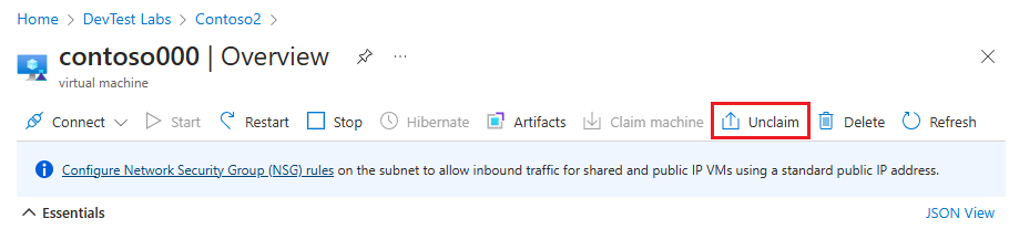 Captura de tela de Unclaim na página Visão geral da VM.