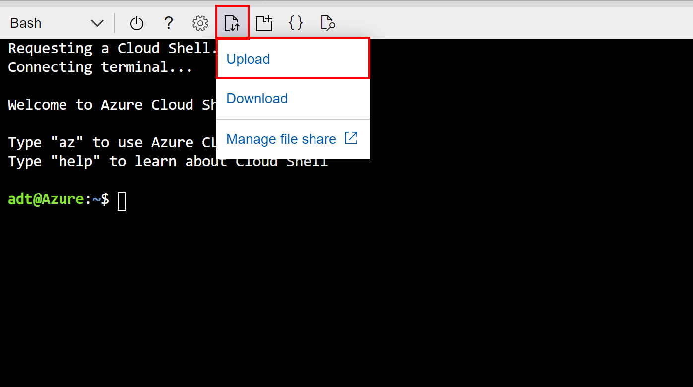 Captura de ecrã do Azure Cloud Shell destacando como carregar ficheiros.