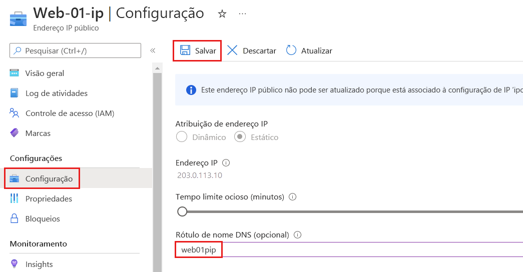 Captura de ecrã da página de Configuração do Endereço IP Público do Azure mostrando a etiqueta do nome D N S.