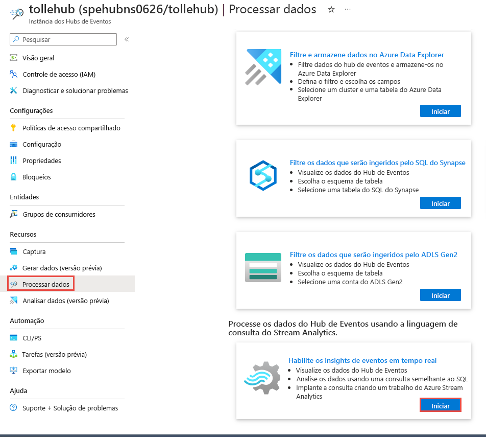 Captura de ecrã a mostrar a página Dados do processo com o mosaico Ativar informações em tempo real a partir de eventos selecionado.