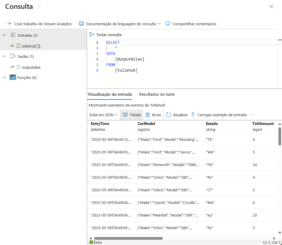 Captura de tela mostrando o editor de consultas para sua consulta do Stream Analytics.