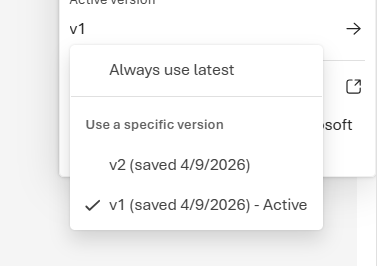 Captura de ecrã do pop-up da versão ativa a mostrar Usar sempre as opções de versão mais recente e específicas.