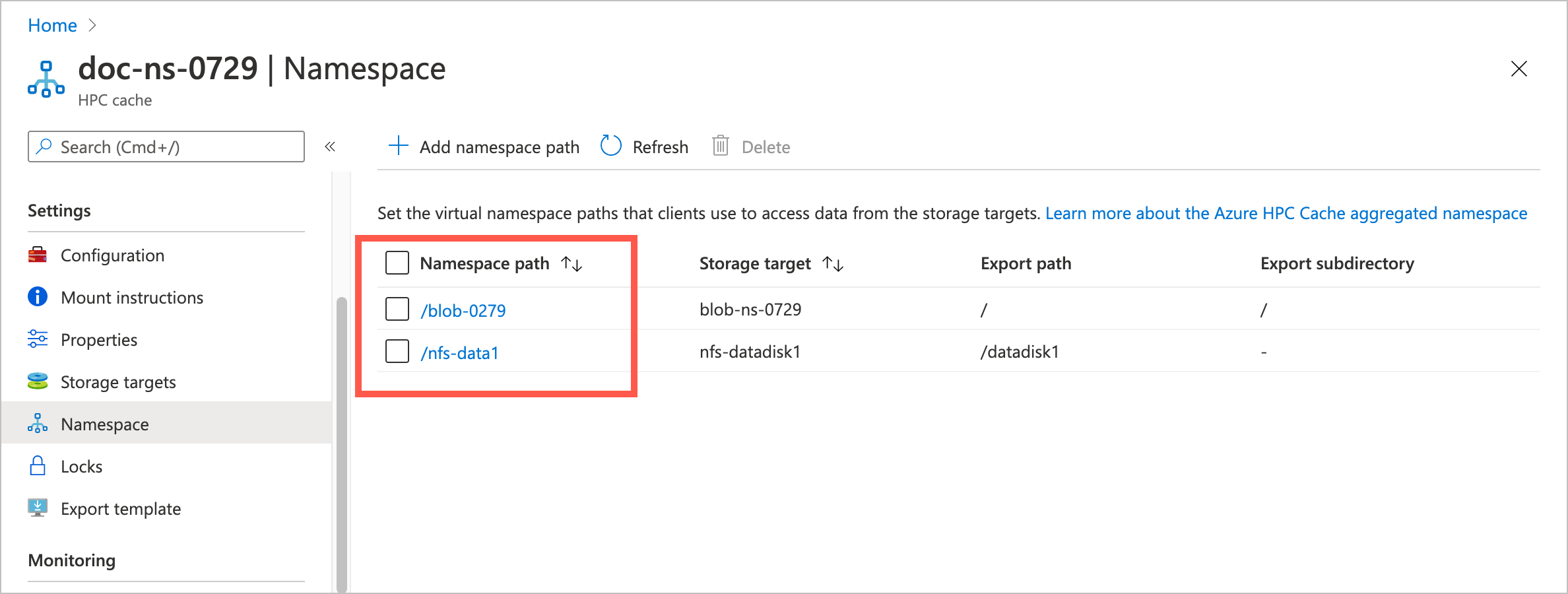 screenshot of the portal Settings > Namespace page with a highlight box around the first column of the table: 