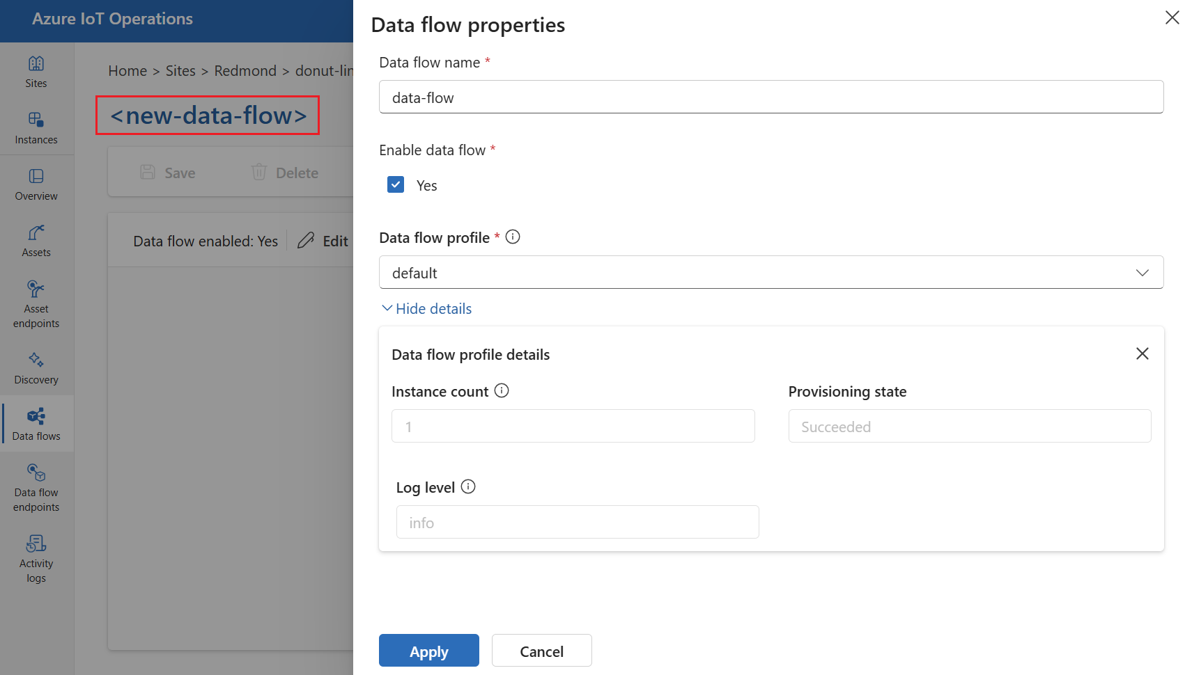Captura de ecrã da interface da experiência operacional onde um utilizador dá o nome ao data flow e seleciona um perfil para ele.