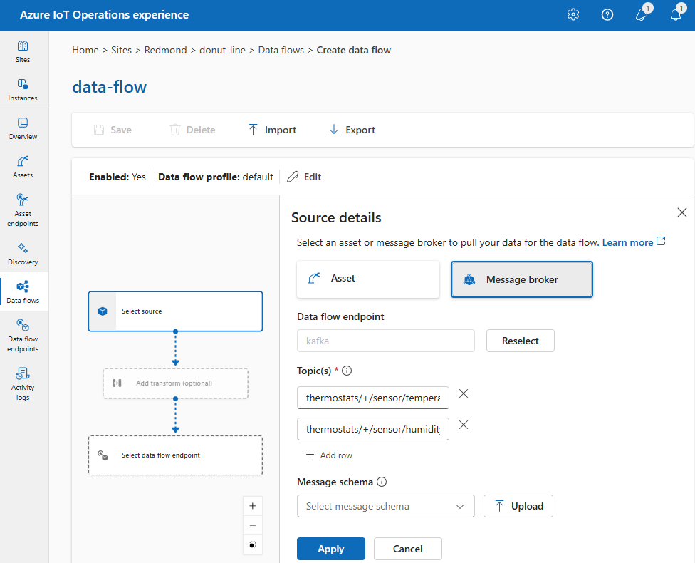 Captura de ecrã utilizando a experiência operacional para selecionar um agente de mensagens personalizado como o ponto de extremidade de origem.