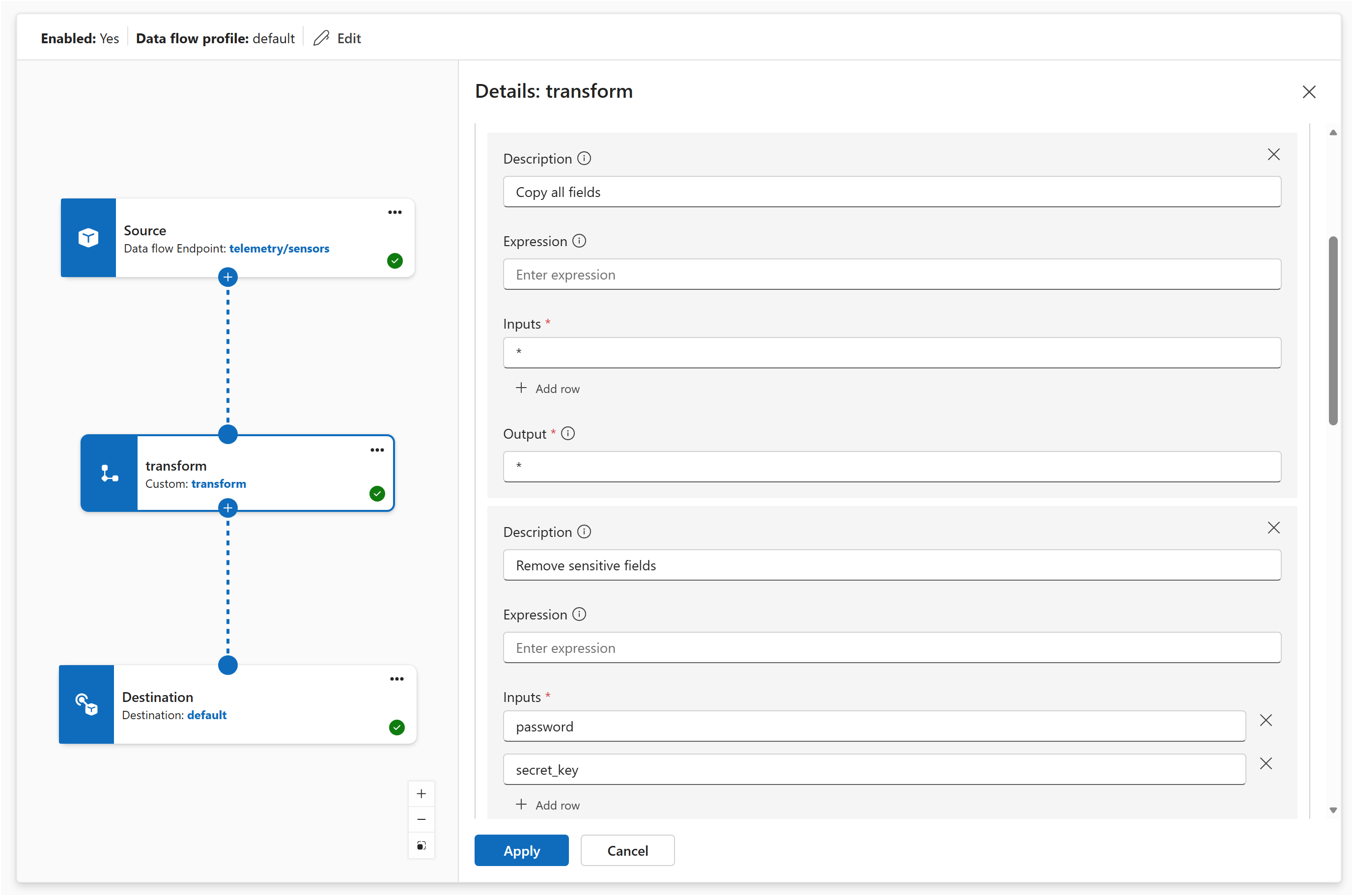 Captura de ecrã do painel de configuração da transformação do mapa de experiência de operações mostrando múltiplas regras para wildcard, remover, reestruturar, calcular e mesclar.
