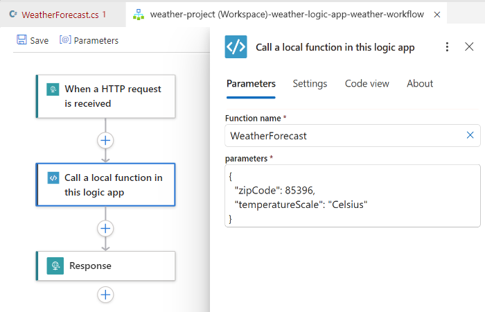 A captura de ecrã mostra o fluxo de trabalho predefinido, o seu gatilho e as ações abertas no designer de workflow.