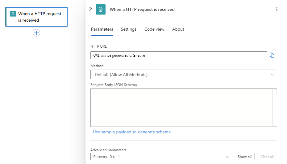 A captura de tela mostra o painel de informações do gatilho chamado Quando uma solicitação HTTP é recebida.