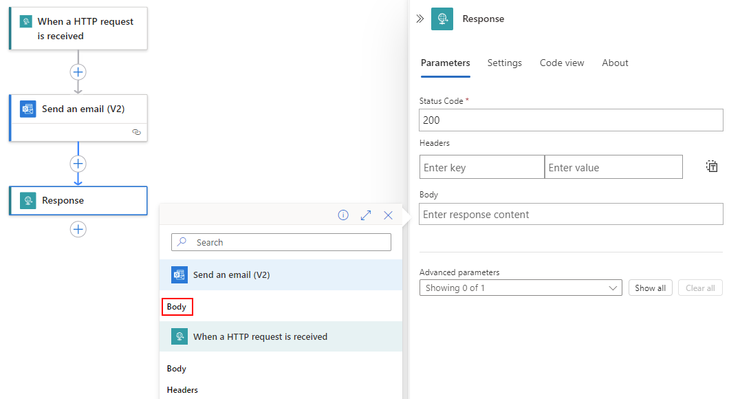 A captura de tela mostra a lista de conteúdo dinâmico aberta onde, em Enviar um cabeçalho de e-mail, o valor de saída Corpo está selecionado.