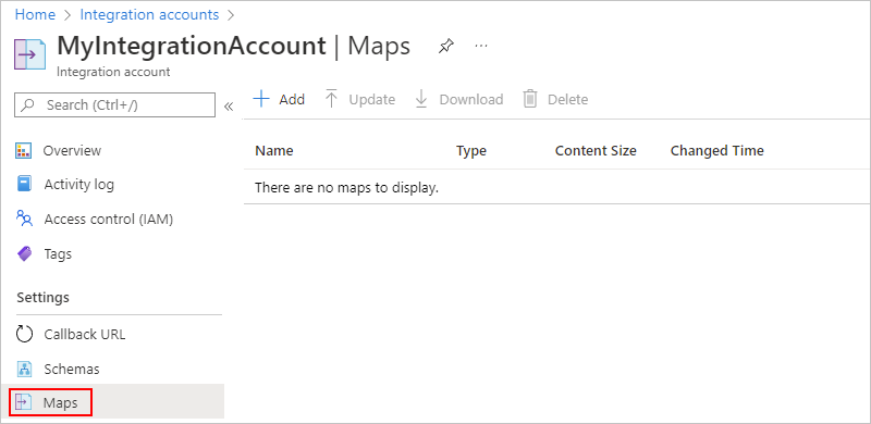 Captura de ecrã a mostrar o menu de navegação da conta de integração com a opção Mapas selecionada.
