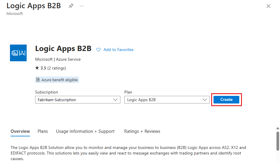 A captura de tela mostra que a opção Criar está selecionada para que a solução B2B do Logic Apps seja adicionada.