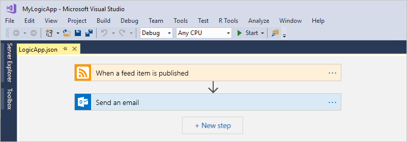 A captura de tela mostra uma visão geral do fluxo de trabalho de um Logic App, por exemplo.