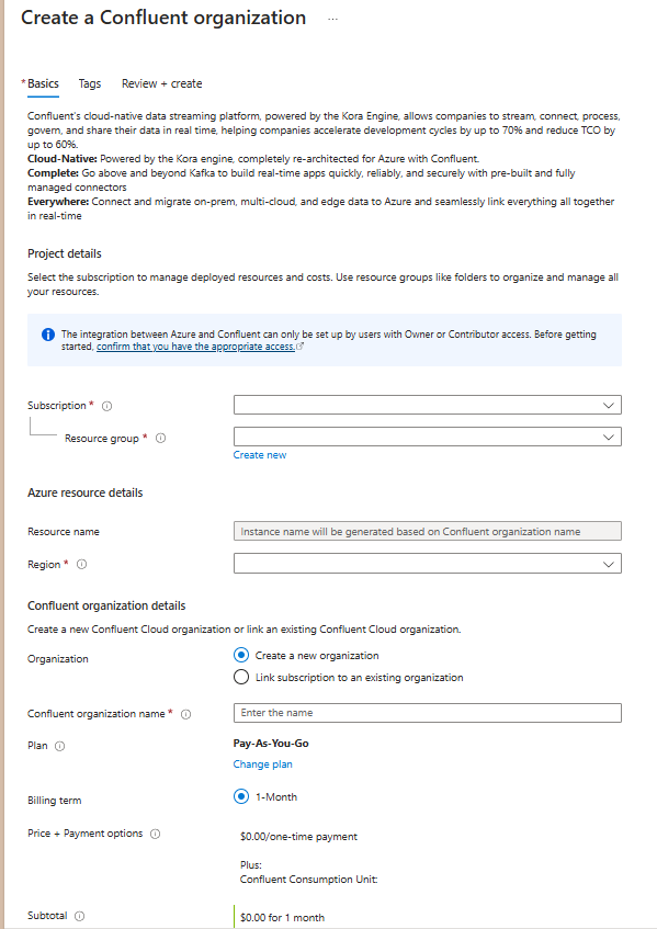 Captura de tela que mostra as opções para criar uma organização Confluent na guia Noções básicas no portal do Azure.
