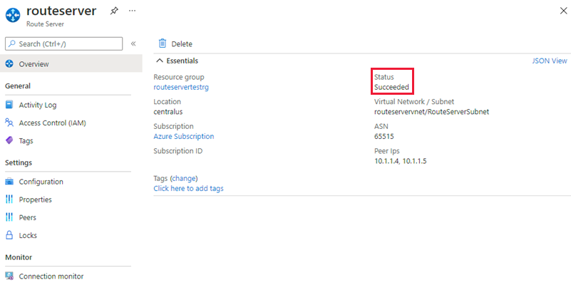 Captura de tela mostrando a página de visão geral do Route Server confirmando a implantação bem-sucedida.