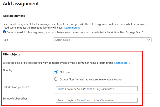 Captura de ecrã que mostra a seção de objetos de filtro do painel adicionar atribuição.