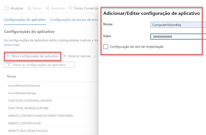 Uma captura de ecrã que mostra como adicionar uma nova definição de aplicação a uma Azure Função.